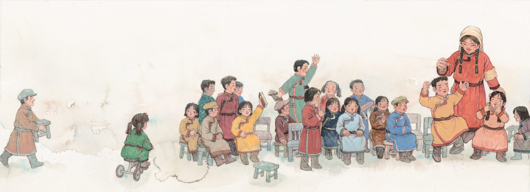 A mother guides a long line of children across an open grassland