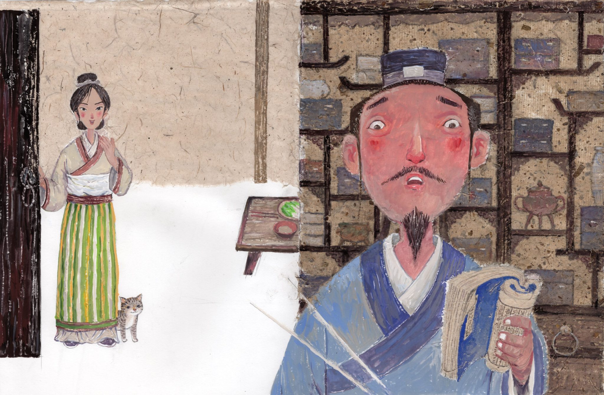 A worried scholar stands in a traditional interior as a woman watches from a doorway