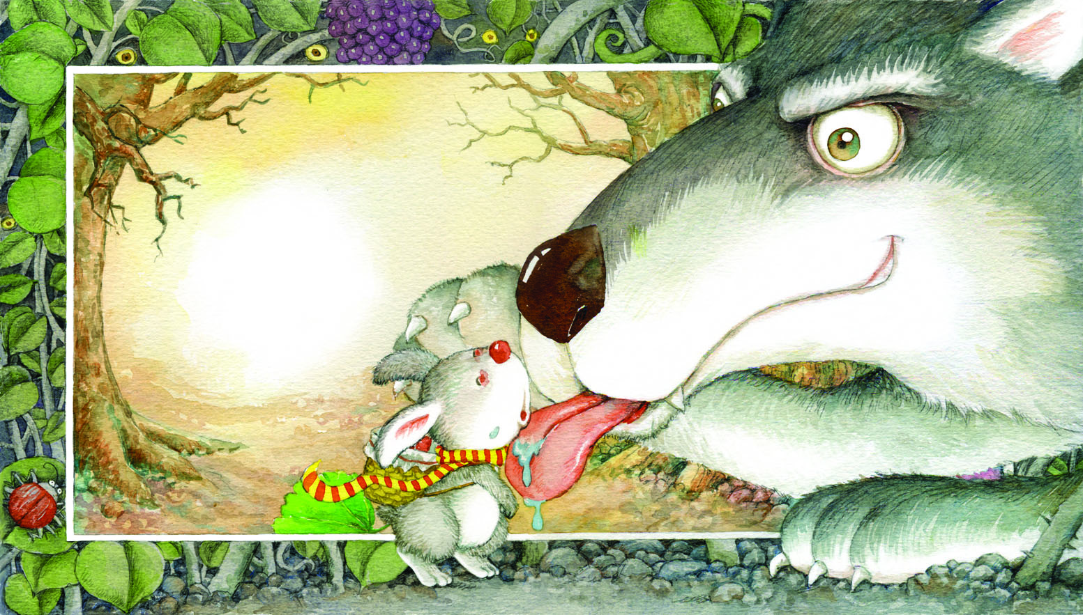 A gray bunny faces a large wolf in a brightly colored forest
